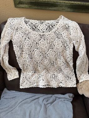 Crochet Floral Openwork Sweater - Cream